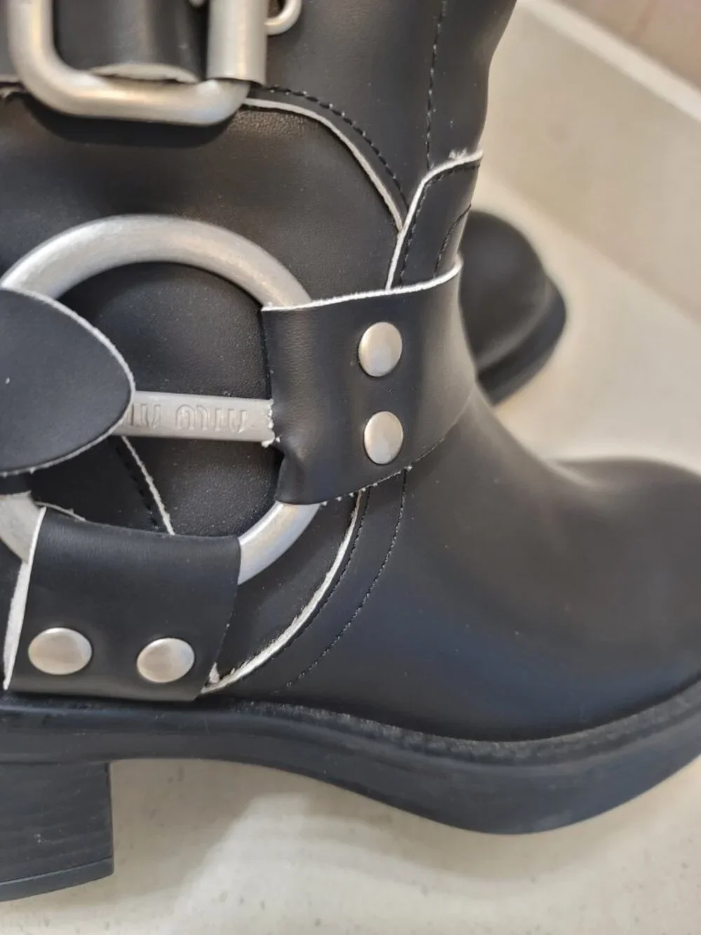 Miu Miu Biker Iconic Buckles Black Leather Knee Length Boots Size 37 - Picture 5 of 9